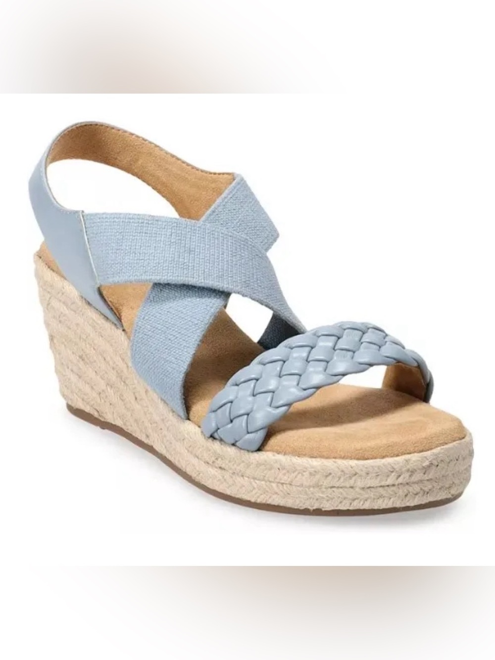 Sonoma Light Blue Tan Leather Braided Espadrille Wedges Sandals 7.5 Boho Beachy